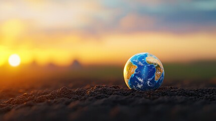 A vibrant globe rests on soil, illuminated by a warm sunset, symbolizing Earth and its beauty amidst nature.