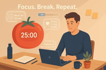 Productivity hacks, A person works at a desk using the Pomodoro technique, featuring a timer, a tomato icon, and reminders for focused work and breaks.