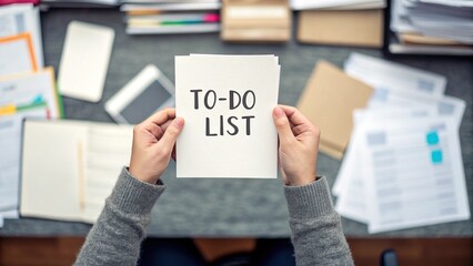 Productivity hacks, A person holds a "To-Do List" note above a cluttered workspace filled with documents and a smartphone, emphasizing productivity and organization.