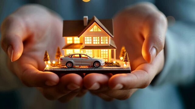 Car and house insurance concept, Hands Holding Miniature House and Car with Lights, Symbolizing Home and Transportation Security