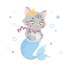 Fairytale kitten mermaid with a big pearl in her paws. Cute children's character. Kawaii sea animal. Cat vector illustration