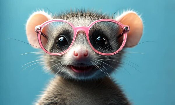 An adorable, curious possum wearing stylish pink glasses, set against a light blue backdrop.