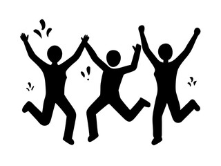 Silhouettes of people jumping and dancing in a dynamic group with a mix of men, women, boys, and girls in motion
