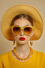 Fototapeta premium A bold fashion portrait featuring giant sunglasses, hats, or jewelry for a surreal effect
