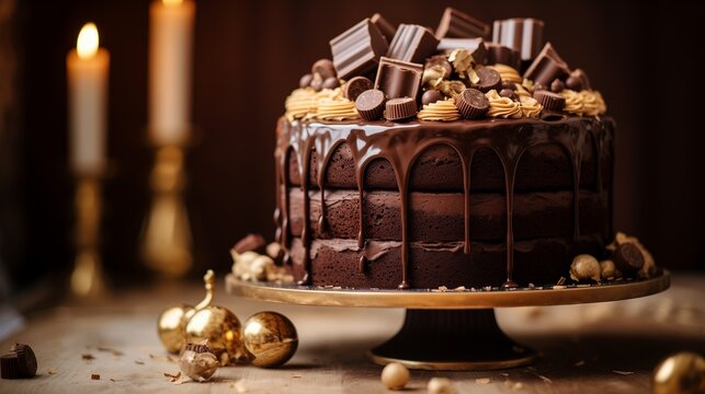 A rich and decadent chocolate mud cake with a silky whipped ganache frosting, a glossy milk chocolate drip cascading over the edges 