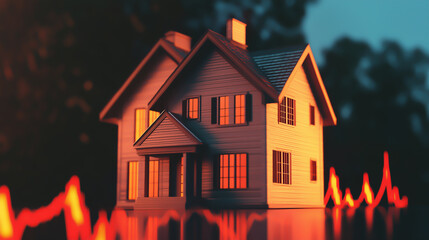 House glowing with warm interior lights against dark background with red declining graph overlay. Concept of real estate, interest rates, housing market crash and economy.