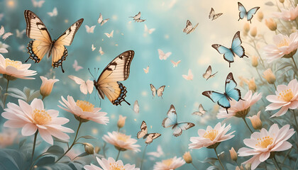 Dreamy Cyan Butterflies & Pastel Flowers – Hyper-Realistic Fantasy Art, No 11
