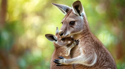Fototapeta premium Mother Kangaroo and Joey Embrace: A Tender Moment in Australian Wildlife