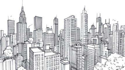 A Pen Sketch of a Modern City Skyline, Illustrating Architectural Details and Urban Density