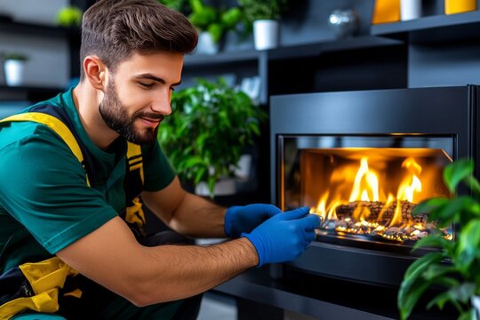 A professional technician installs a modern gas fireplace. Generative AI