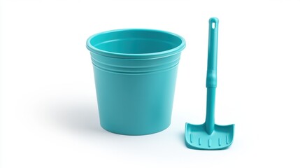 Turquoise Bucket and Shovel Set on White Background Minimalist Child Toy for Beach Fun Summer Vacation Isolated