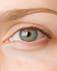 Fototapeta premium Asthenopia symptom eye headache. Strain pain. Blurry reading. Fatigue monitor. Close-up of tired eyes showing redness and fatigue in a stock photo.