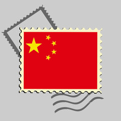 China flag postage stamp. Isolated vector illustration on grey post stamp background