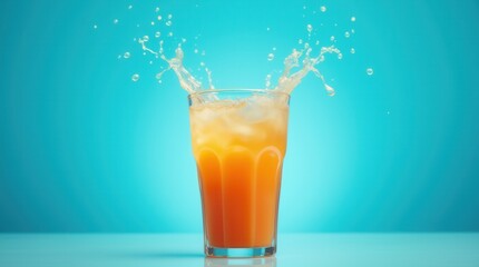 Refreshing orange juice splashing in glass against turquoise background