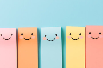 Colorful sticky notes bring joy! Each features a charming smiling face against a clean backdrop, perfect for lighthearted reminders or uplifting office decor.