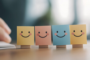 Obraz premium Colorful smiley faces on wooden blocks create a cheerful and positive vibe. Great for mood-boosting content. Smiling faces symbolize happiness and satisfaction