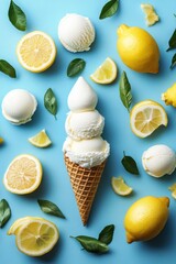 Refreshing Lemon Ice Cream Scoops in Waffle Cone on Vibrant Blue Background, Summer Dessert Concept