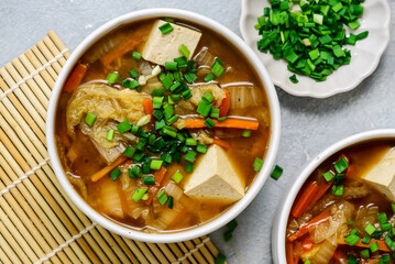 Traditional Japanese Miso Soup with Chinese Cabbage and Tofu in bowls .style hugge