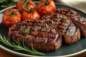 Delicious grilled steak with roasted tomatoes and rosemary on a plate culinary delight close up shot food photography showcasing appetizing presentation