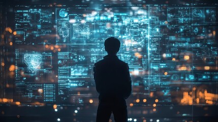 Futuristic Technology Interface with User Contemplating Data Visuals