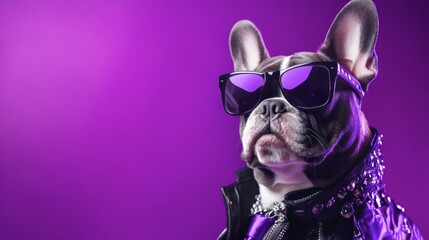 Dog wearing sunglasses and leather jacket posing confidently in outdoor setting