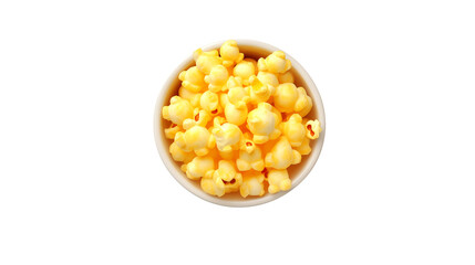 Overhead view of a bowl filled with yellow butter popcorn