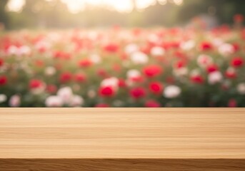Wooden table top view soft focus rose garden warm light. AI Generated