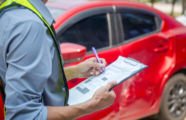 Car accident.Insurance Agent examine Damaged Car and customer filing signature on Report Claim Form process after accident