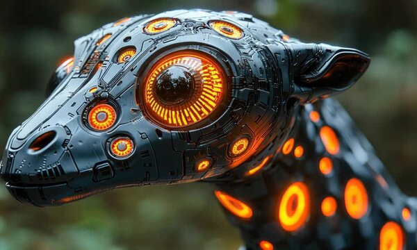 An intricately detailed, cyberpunk-inspired head, featuring glowing orange lights and mechanical aesthetics.