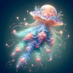 Mystical Jellyfish- Peacock  Hybrid Floating In The Air, With Soft Pastel Tentacles And Glowing Bioluminescence | Ai Art