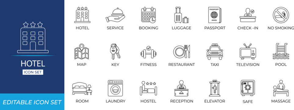 Hotel line icon set with accommodation, room service, booking, map, television, room, key, shower, safe, accommodation, hospitality, resort symbols for websites, apps, print design.