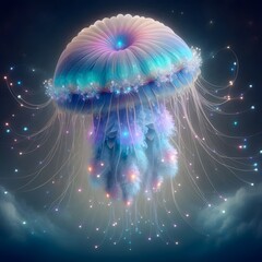 Mystical Jellyfish- Peacock  Hybrid Floating In The Air, With Soft Pastel Tentacles And Glowing Bioluminescence | Ai Art