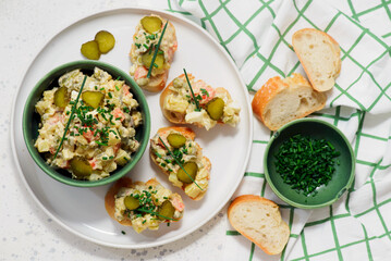 Snack canapes with Russian salad..top veiw