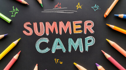 Summer Camp invitation with colored pencils and chalk doodles on a chalkboard, inviting kids to a fun-filled summer program, engaging creativity and learning.