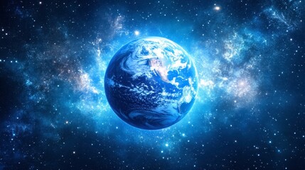 Obraz premium A blue planet surrounded by a colorful nebula in deep space with stars and cosmic elements visible in the background