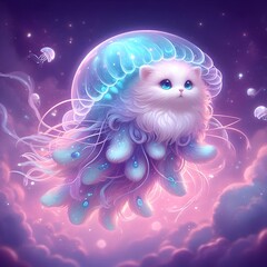 Mystical Jellyfish Tiger Cat  Hybrid Floating In The Air, With Soft Pastel Tentacles And Glowing Bioluminescence | Ai Art