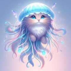 Mystical Jellyfish Tiger Cat  Hybrid Floating In The Air, With Soft Pastel Tentacles And Glowing Bioluminescence | Ai Art