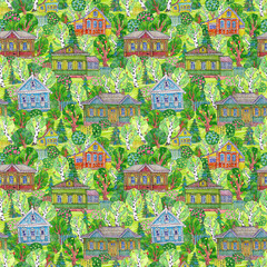 Obraz premium Seamless pattern of fairy tale wooden houses and trees. Hand drawn colored pencils sketches