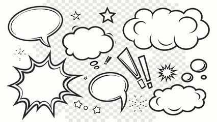 A collection of dynamic black-and-white comic speech bubbles with a transparent background, ready for creative designs and storytelling