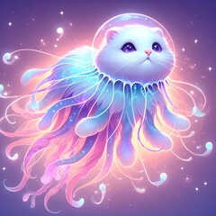Mystical Jellyfish Tiger Cat  Hybrid Floating In The Air, With Soft Pastel Tentacles And Glowing Bioluminescence | Ai Art
