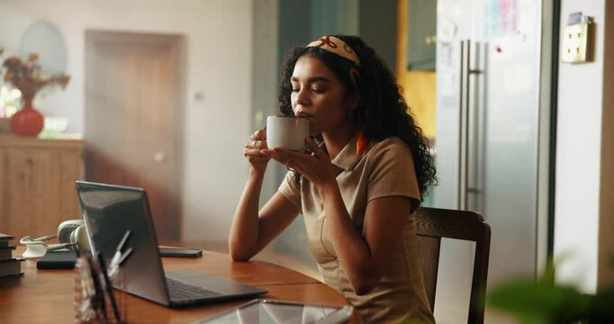 Tea, laptop or calm woman in home on break for blowing cup, remote work or satisfaction. Freelancer, peace or female person drinking warm caffeine beverage, cappuccino or coffee for ideas inspiration