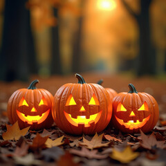 Fototapeta premium Three Carved Jack-o'-Lantern Pumpkins with Glowing Faces on Autumn Leaves