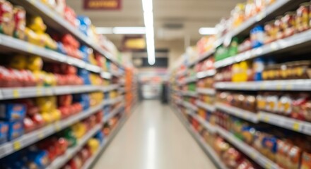 Fototapeta premium Blurry supermarket aisle vibrant colors soft lighting. AI Generated