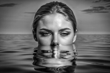 A surreal composition where half the face is above water, half submerged