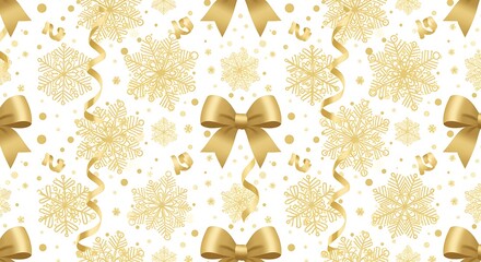 Golden Snowflakes & Bows: Festive Seamless Pattern AI Generated