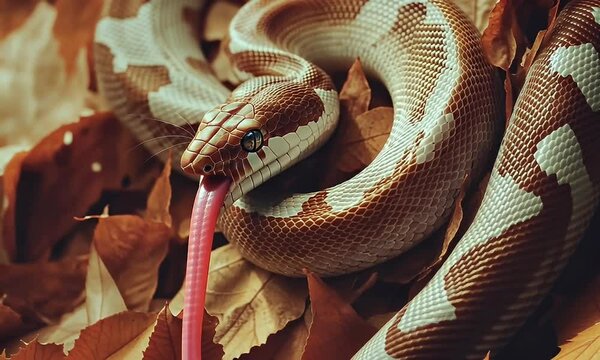 Coiled reptile. Speckled snake rests on fallen leaves, its tongue extended