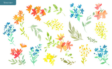 Watercolor Abstract wildflowers and Leaves Vector clipart Set. Hand-Painted Floral Illustrations for Spring and summer.
