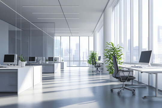 Modern spacious office interior with desks, chairs, and computers in a bright room with large windows overlooking the cityscape. 3D Rendering