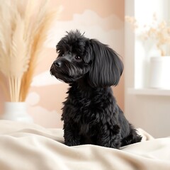 Black Dog on Beige Blanket