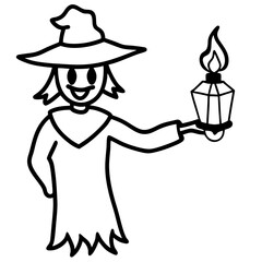 Evil scarecrow with a burning lantern line art vector illustration 